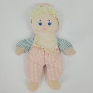 Vintage Bantam Doll Plush Blonde Bonnet Seersucker Gingham Pink Blue Flower
